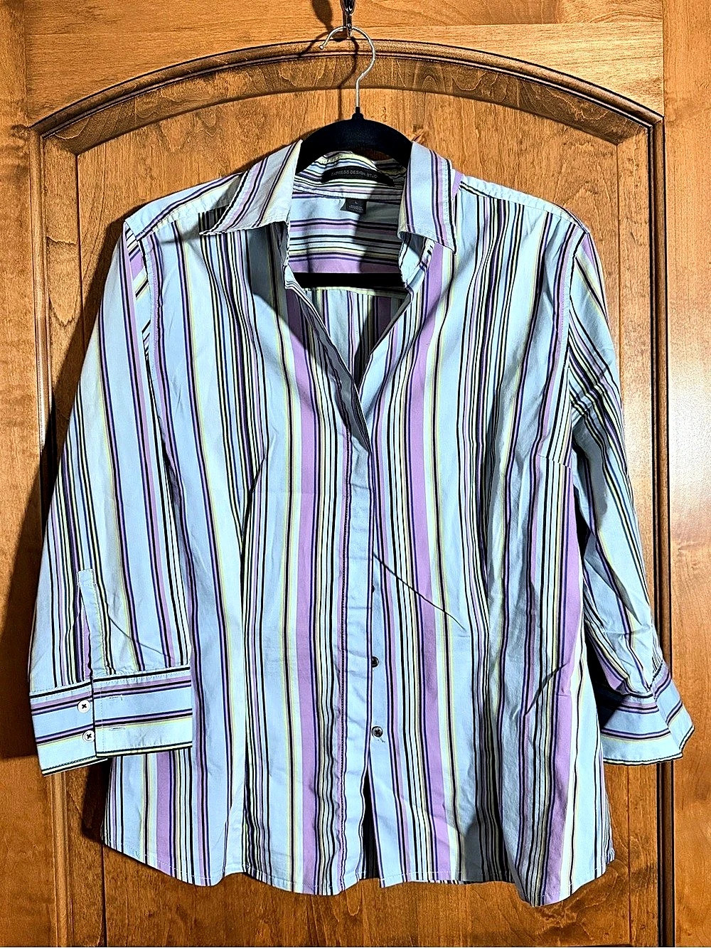 Express Design Studio Striped Button Down Top in Purple & Blue Size Large